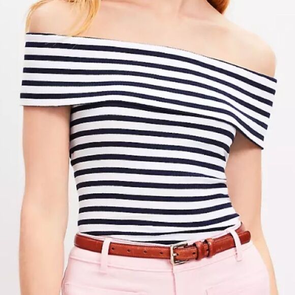 Zara Ribbed Stretch Knit Off-Shoulder Striped Top Shirt Cream/Black - Picture 10 of 11